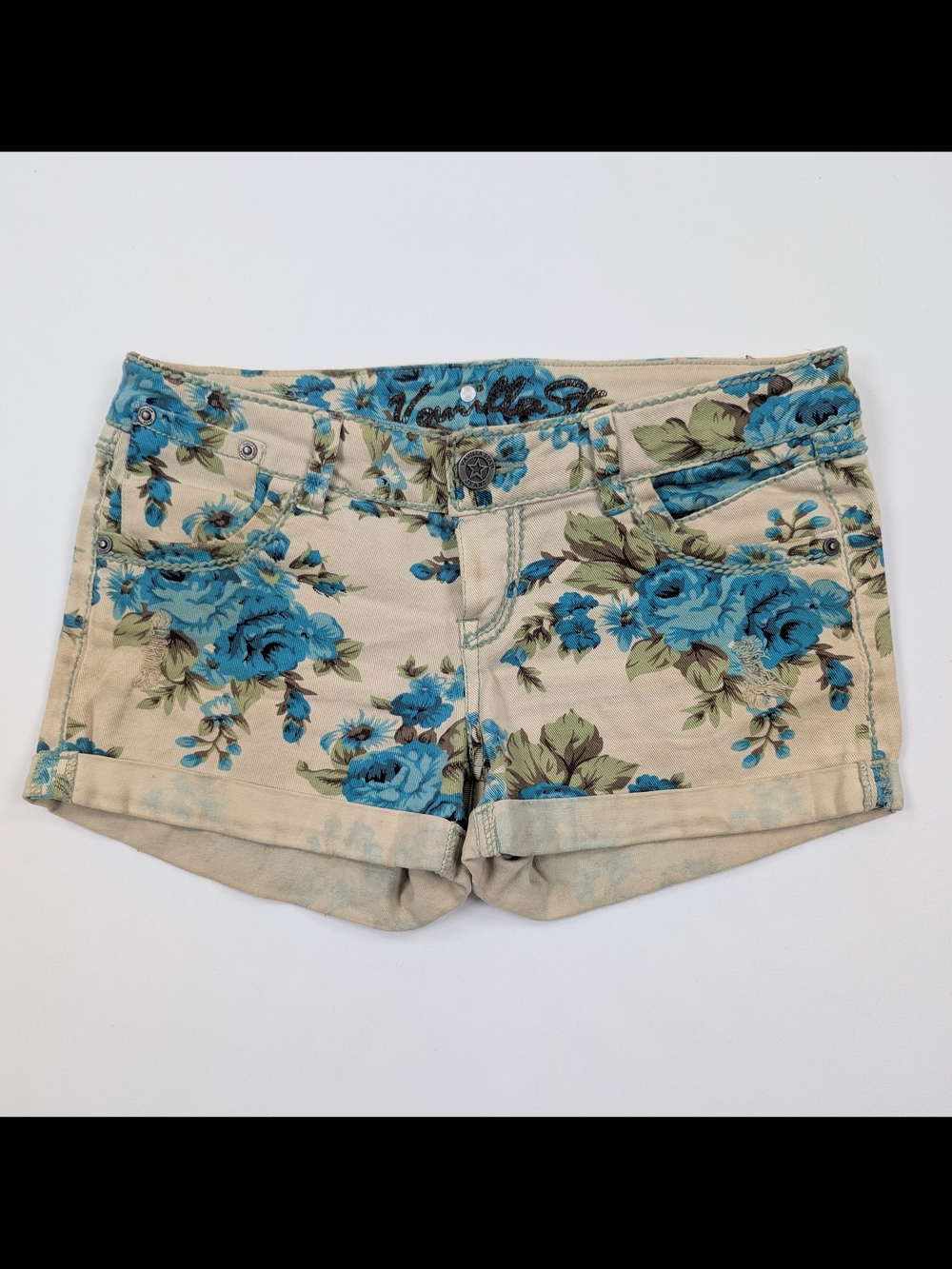 Vanilla Star Floral Denim Women's Shorts with Blue Rose Print